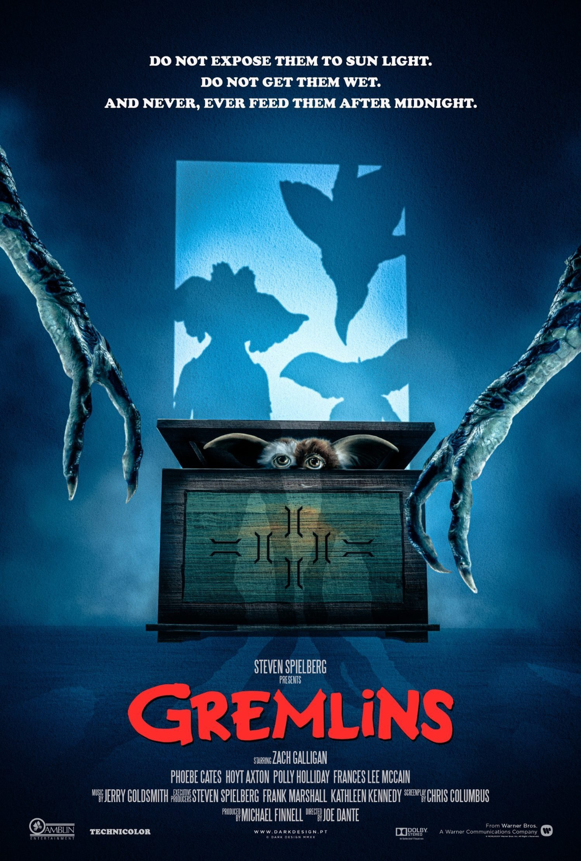 Movie poster for Gremlins (1984). At the top, the film’s three famous rules are printed in white block text: “Do not expose them to sunlight. Do not get them wet. And never, ever feed them after midnight.” Below, a small Mogwai (Gizmo) peers nervously from inside a wooden chest, his big ears sticking out. Behind him, a shadow cast on the wall reveals more sinister gremlin shapes. On each side of the poster, clawed reptilian hands reach toward the chest. The title Gremlins appears in large red letters across the bottom, with cast and crew credits listed underneath. The overall color scheme is blue and ominous, with a mix of playful curiosity and looming menace.