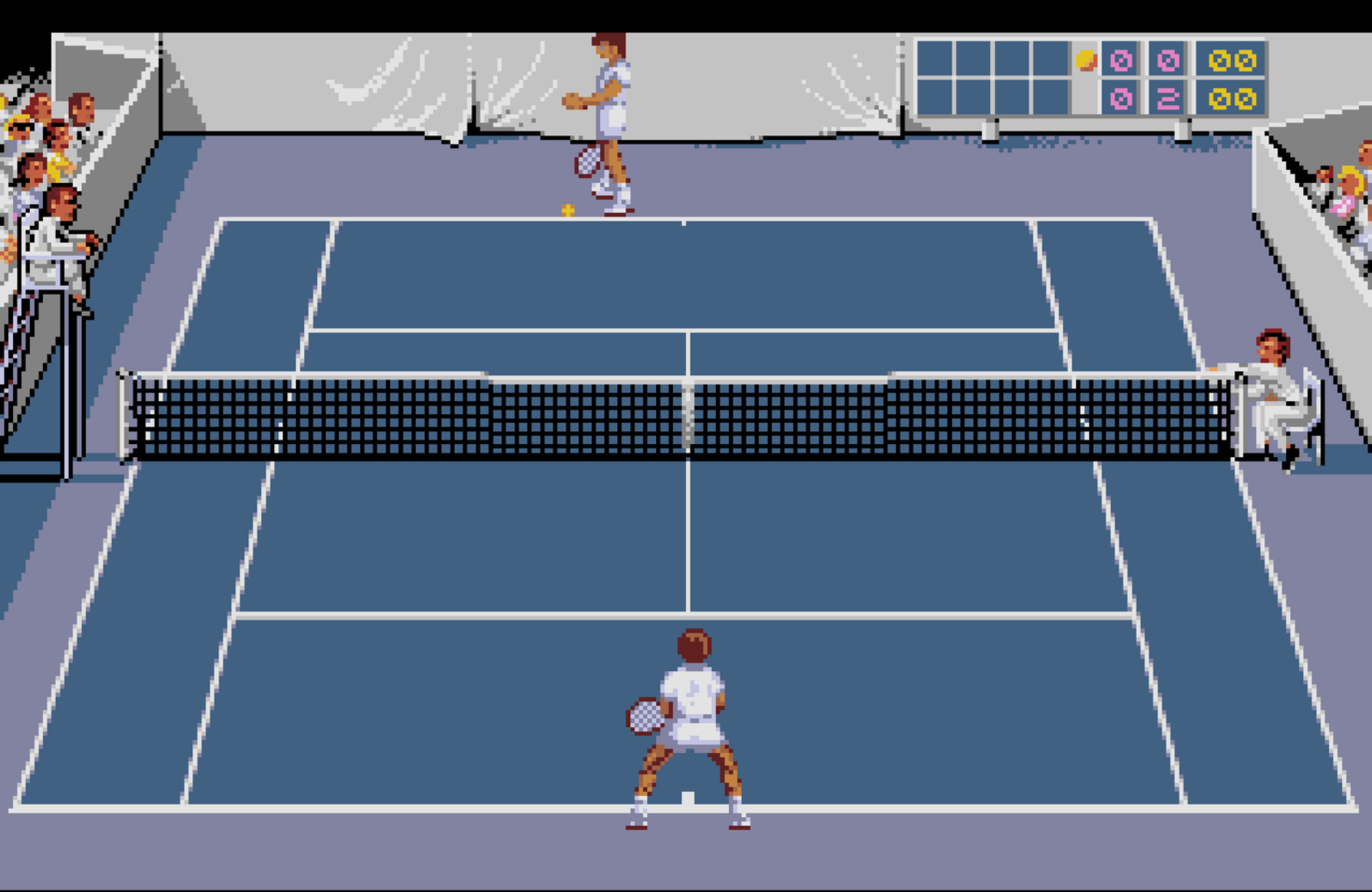 Pixel-art tennis match viewed from behind the near player. A player in white serves from the far baseline while the near player waits in a ready stance. A black net spans the court, with spectators on both sides and a small scoreboard in the top-right.