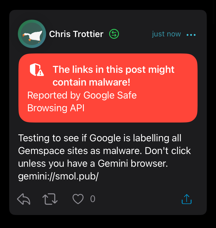 Example of Google labelling all Gemini sites as malware 